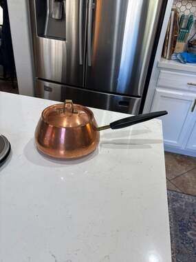 VTG BRUSHED COPPER & SILVERTONE METAL WOODEN HANDLED SAUCEPAN POT WITH LID JAPAN